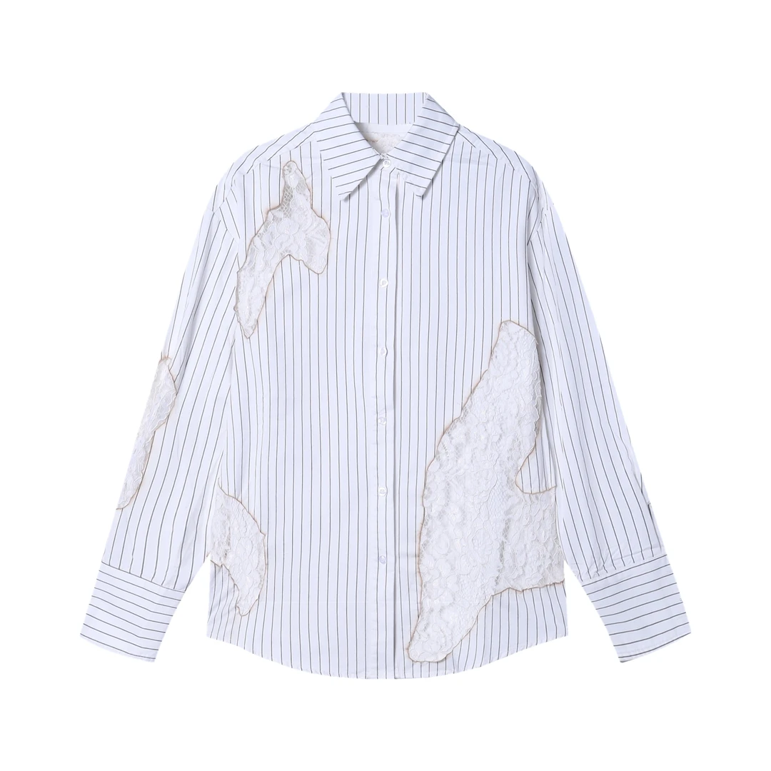 CS116夏季新时尚花边拼接男士衬衫百搭条纹印花上衣宽松经典短袖