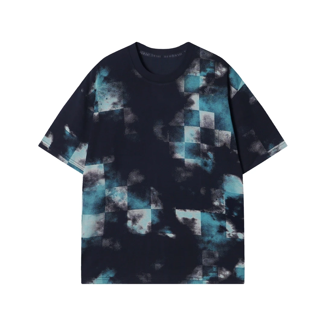 夏季新款时尚做旧格子印染男士短袖百搭休闲上衣宽松小众T恤