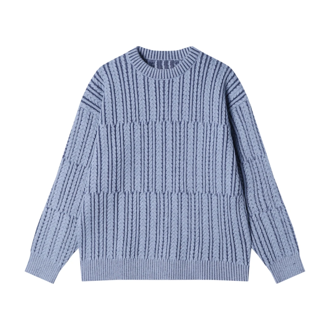 066秋冬新款男士圆领螺纹针织扭花设计感长袖套头百搭宽松毛线衫