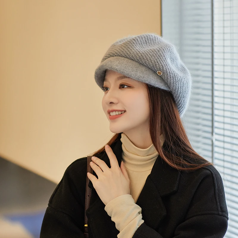 帽子女冬天鸭舌帽加绒加厚女新款保暖护耳骑车针织毛线帽贝雷帽女
