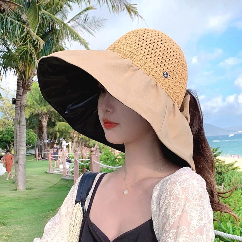 朵澜可扎马尾防晒帽子女款夏季空顶遮阳黑胶大檐防紫外线太阳帽女