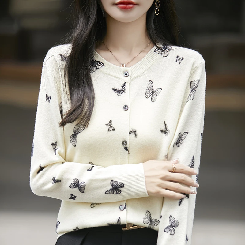 春秋新款圆领开衫蝴蝶印花纯澳洲羊毛针织衫女宽松百搭休闲上衣