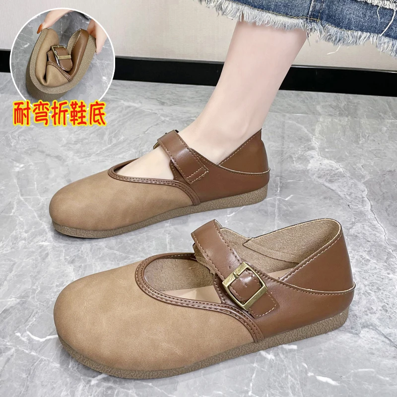 复古两穿单鞋女圆头2025秋季新款鞋子平底百搭凉鞋女鞋奶奶夏