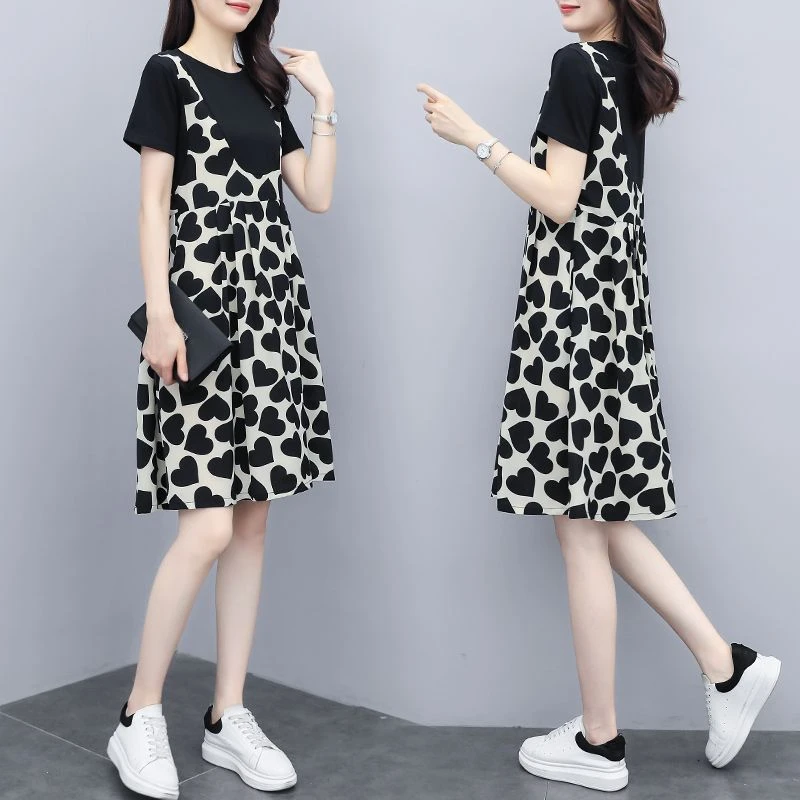 假两件拼接印花连衣裙夏季新款宽松显瘦小个子时尚休闲中款背带裙