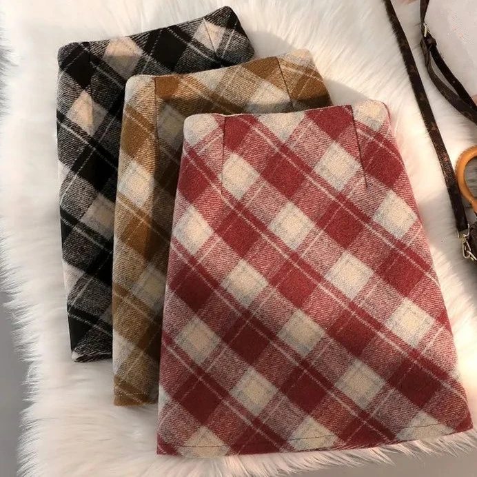 有安全裤防走光格子半身裙女春秋新款小个子复古百搭韩版高腰短裙