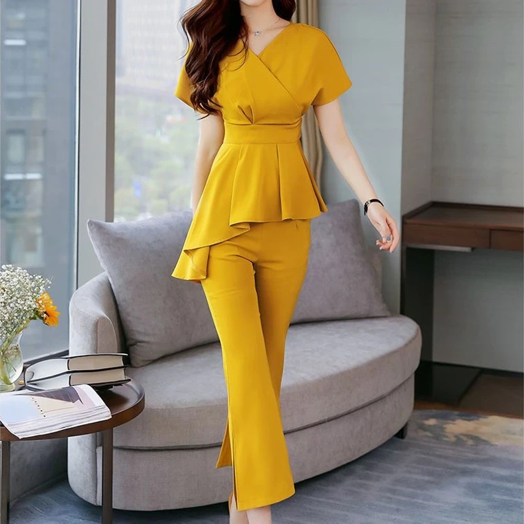 夏季女神范修身收腰显瘦休闲减龄气质短袖阔腿裤时尚套装两件套女