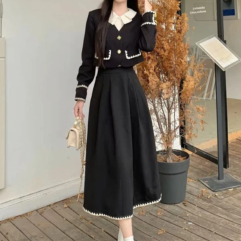 春秋季显瘦拼色假两件西装小外套中长款高腰半身裙气质时尚两件套