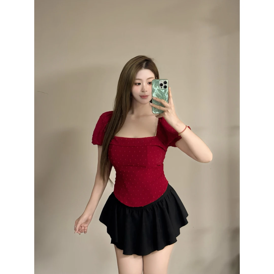 现货-白七七微胖定制【夏日方糖】夏季方领正肩修身上衣 L1197