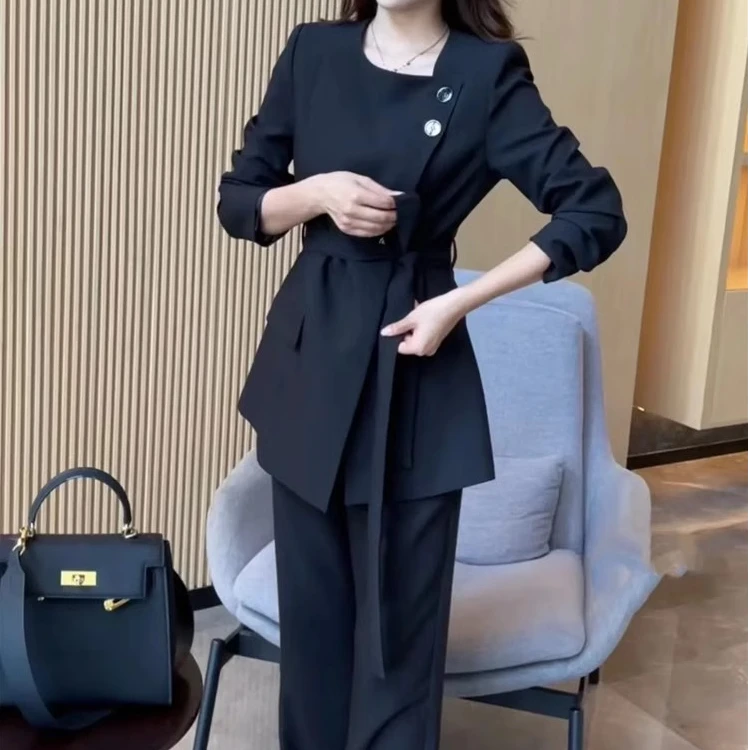 高级时尚气质套装女2024秋冬新款设计感洋气系带西服外套+阔腿裤