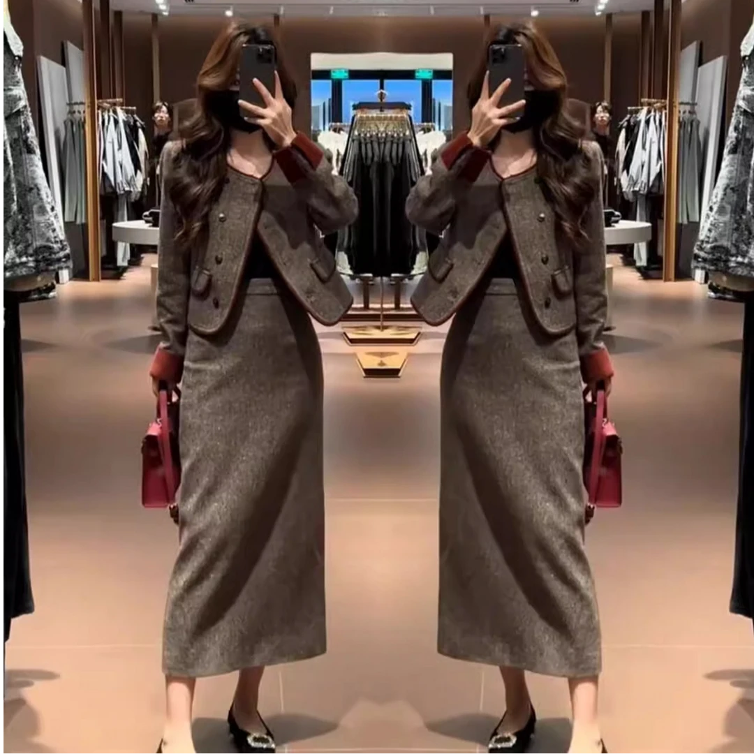 小香风时尚套装裙女2024秋冬新款洋气显瘦毛呢外套半身裙两件套潮