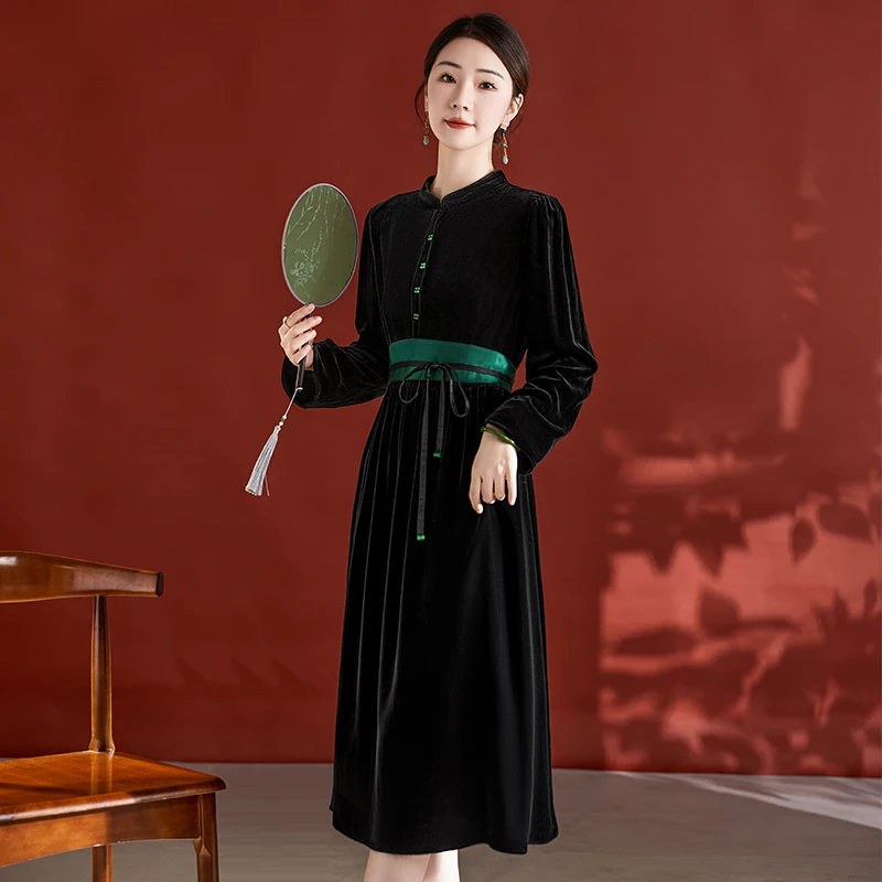 【微笑严选】82395280桑蚕丝秋冬连衣裙黑色绣花中式古风气质秋季