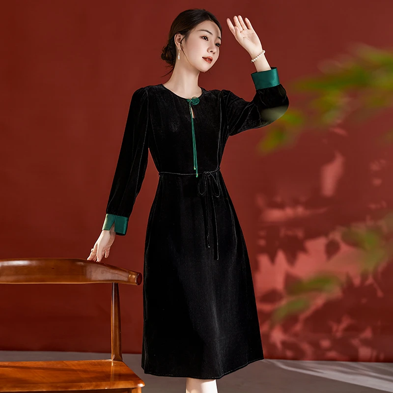 【敏洋纯】82395752桑蚕丝秋冬连衣裙黑色潮牌女网红打底气质秋季