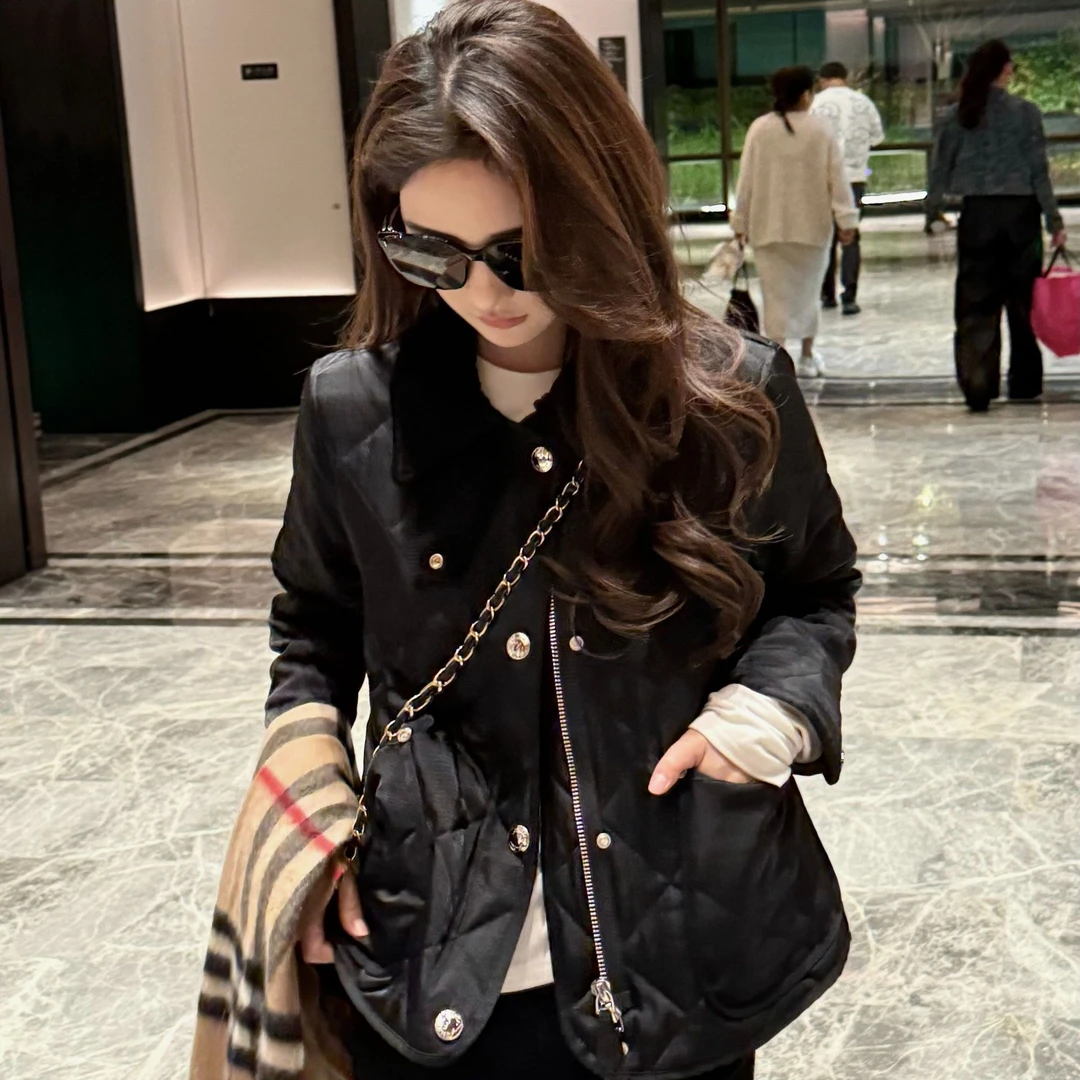 YuGee轻奢复古秋冬菱格短款百搭冬季棉服黑色显瘦气质宽松