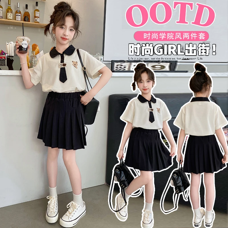 女童夏装连衣裙2024新款洋气女孩夏季Polo衫儿童学院风百褶裙套装