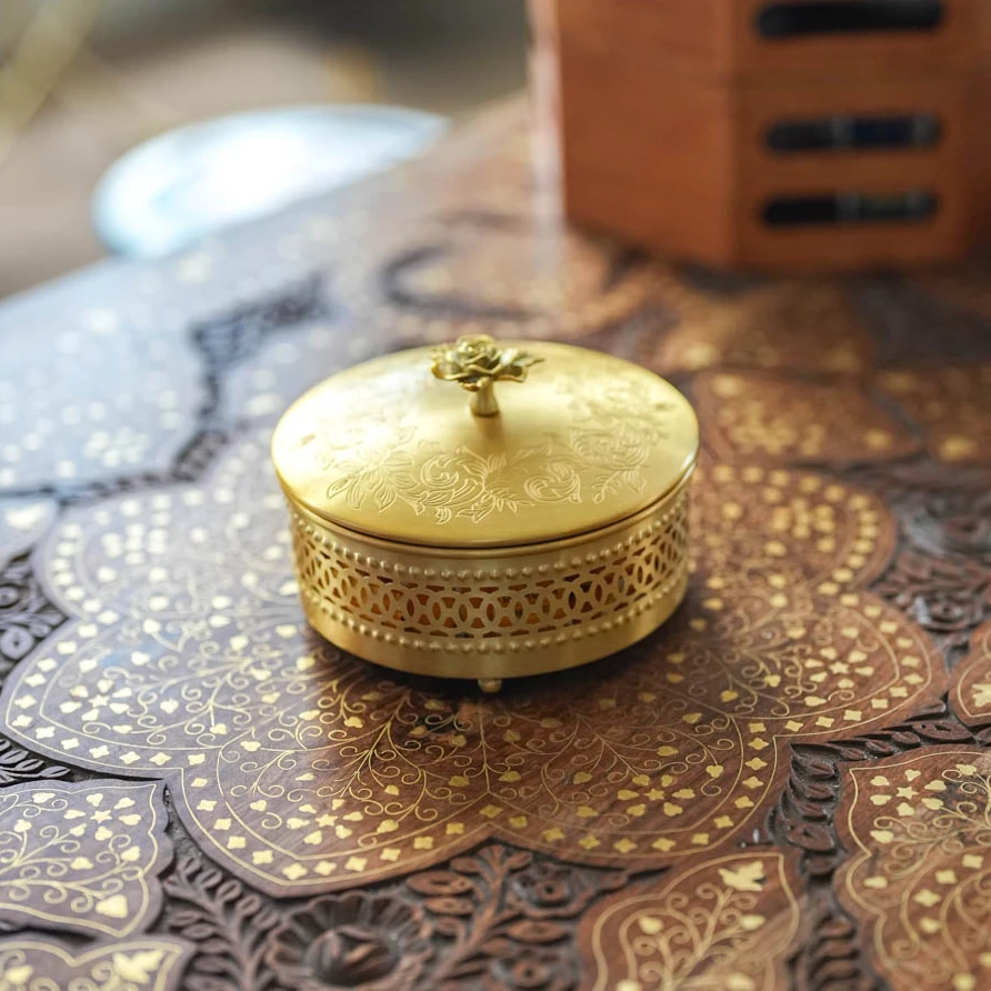 【奇居铜瓷】工艺品黄铜带盖雕刻玫瑰花镂空盖盒首饰盒#GY