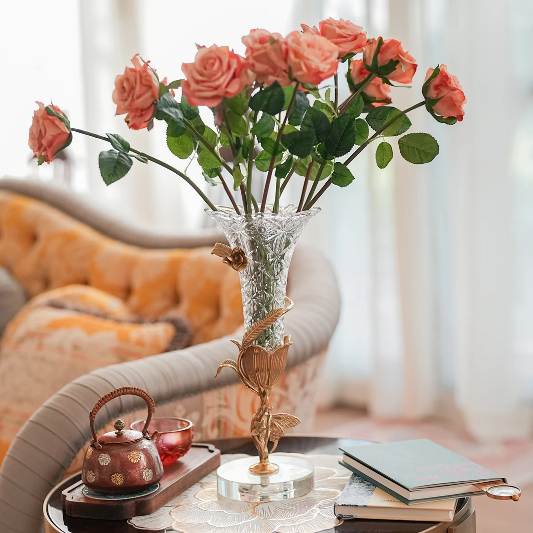 【奇居铜瓷宠粉】 轻奢兰花黄铜玻璃花瓶 客厅餐厅装饰摆件#GY