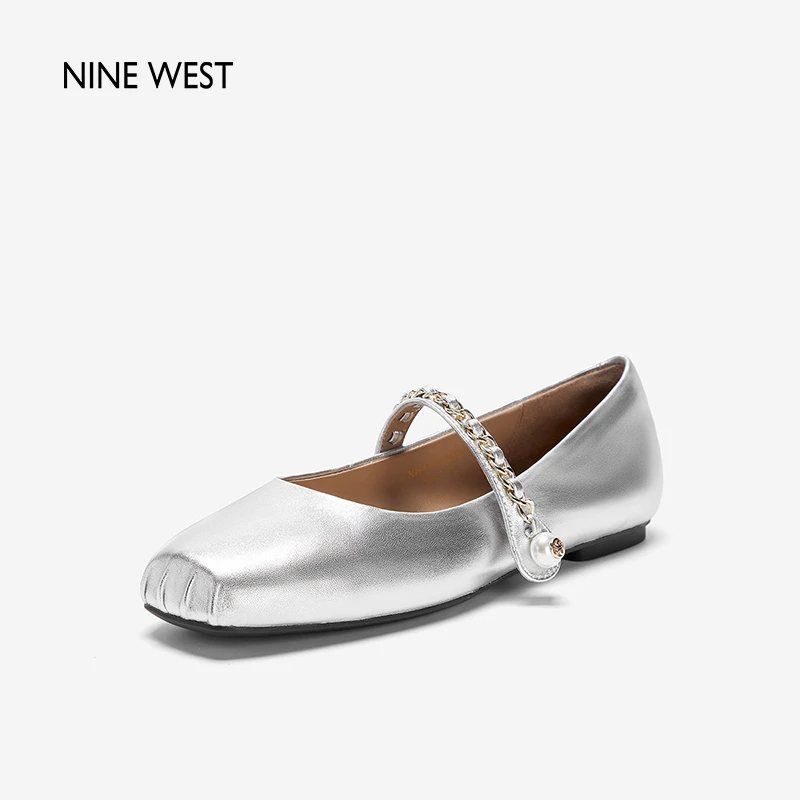 Nine West/玖熙【七夕礼物】银色芭蕾舞鞋珍珠链条浅口玛丽珍单鞋