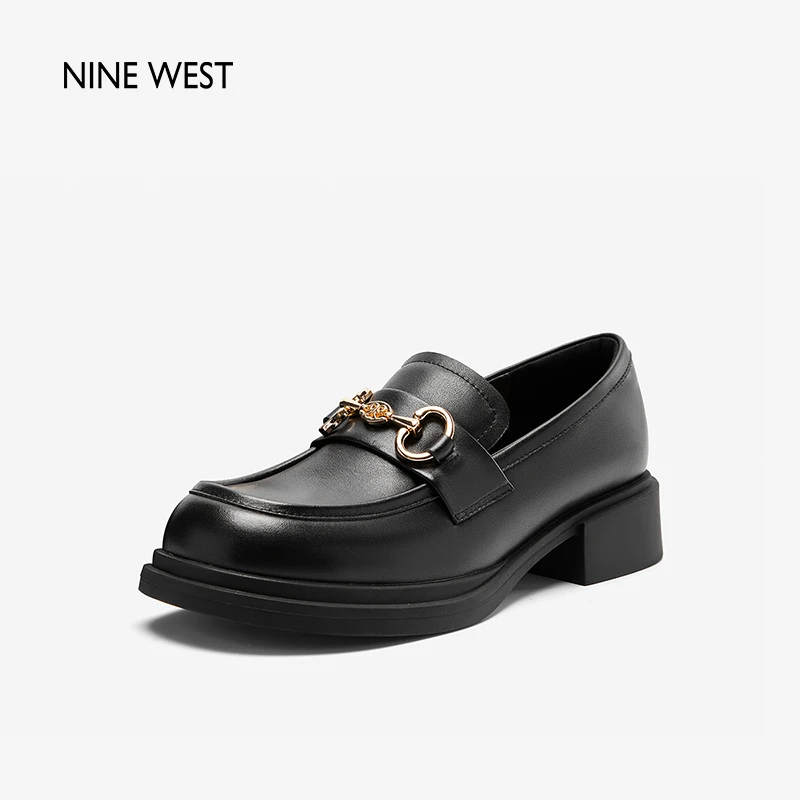Nine West/玖熙时尚百搭黑色真皮马衔扣一脚蹬豆豆厚底圆头乐福鞋