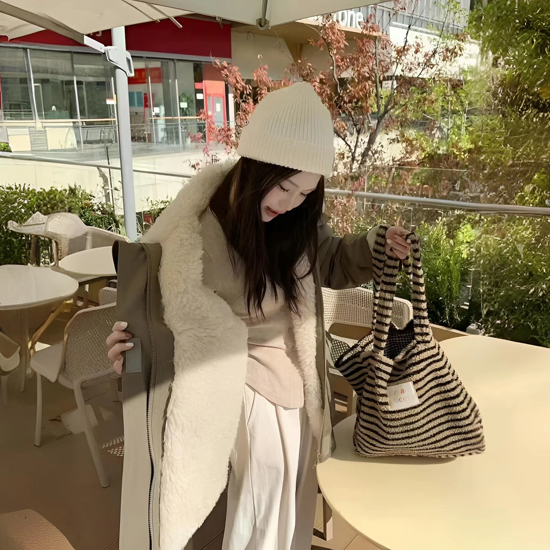 6815露思同款时尚百搭加厚羊羔毛冲锋衣外套女派克服羊羔绒中长款