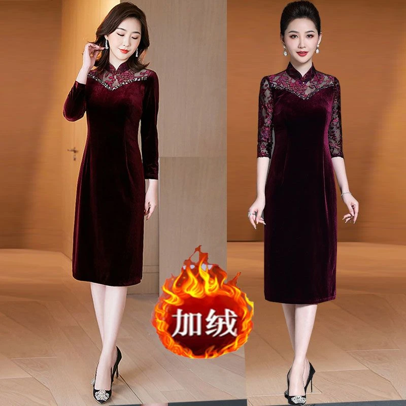 加绒和不加绒)秋冬新款小个子婚礼服旗袍中年妈妈婆婆婚宴连衣裙