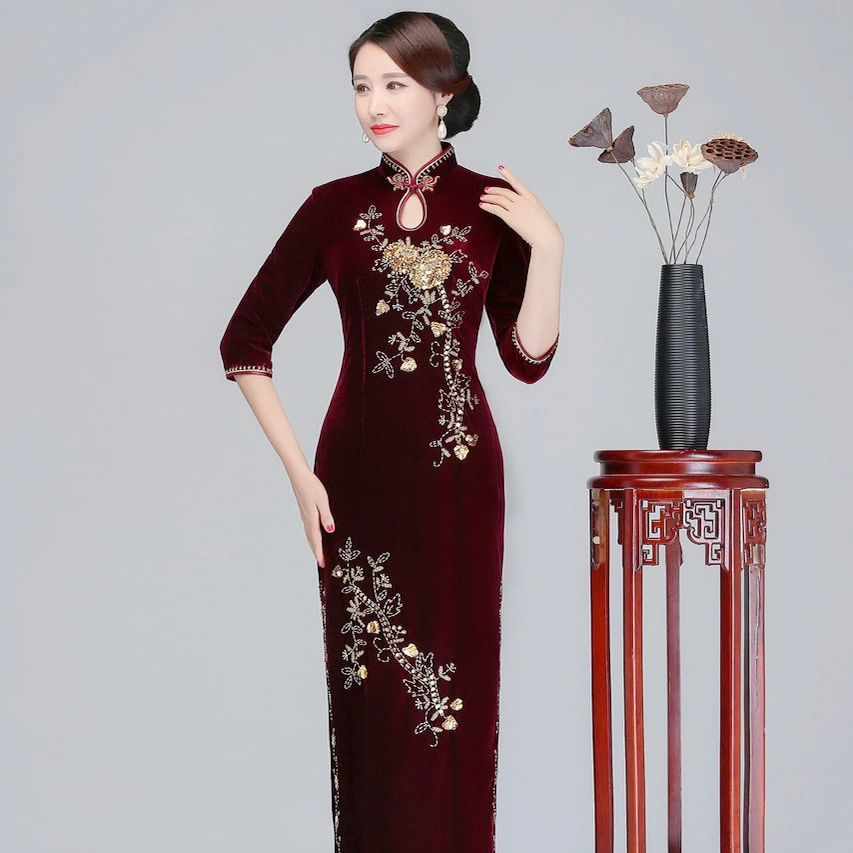 重工钉珠金丝绒妈妈婚宴装高端婚礼服高个子喜婆婆旗袍高贵连衣裙