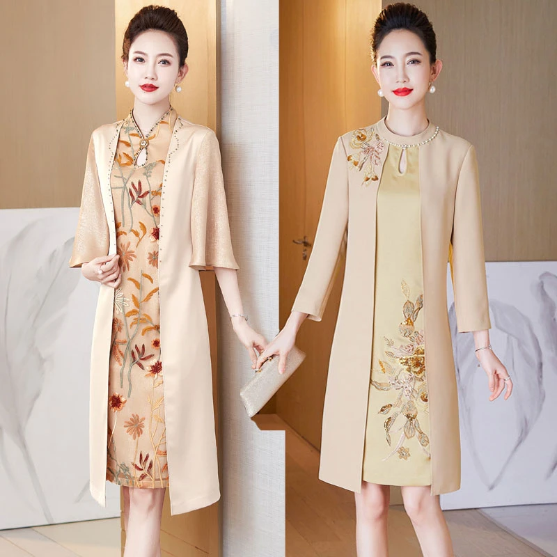 高档洋气喜婆婆婚宴装假两件旗袍遮肚子连衣裙气质年轻妈妈婚礼服