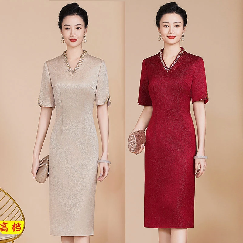 高档喜婆婆婚宴装改良v领旗袍醋酸缎连衣裙气质年轻喜妈妈婚礼服