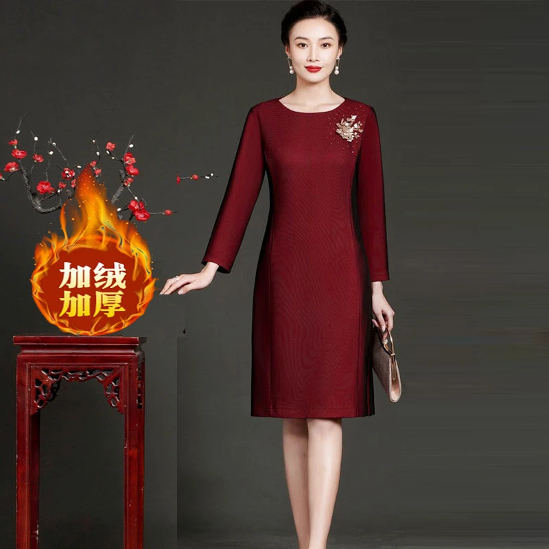 高档喜婆婆婚宴冬装加绒加厚小个子妈妈婚礼服改良旗袍气质连衣裙