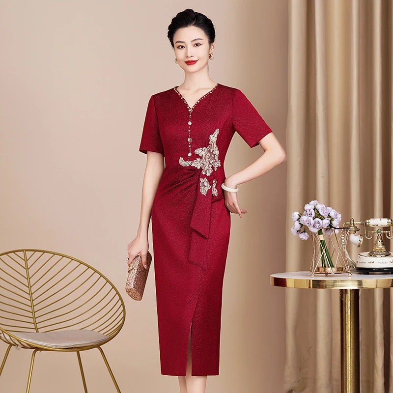 婚礼妈妈礼服高端喜婆婆婚宴夏装丈母娘敬酒礼服旗袍醋酸缎连衣裙