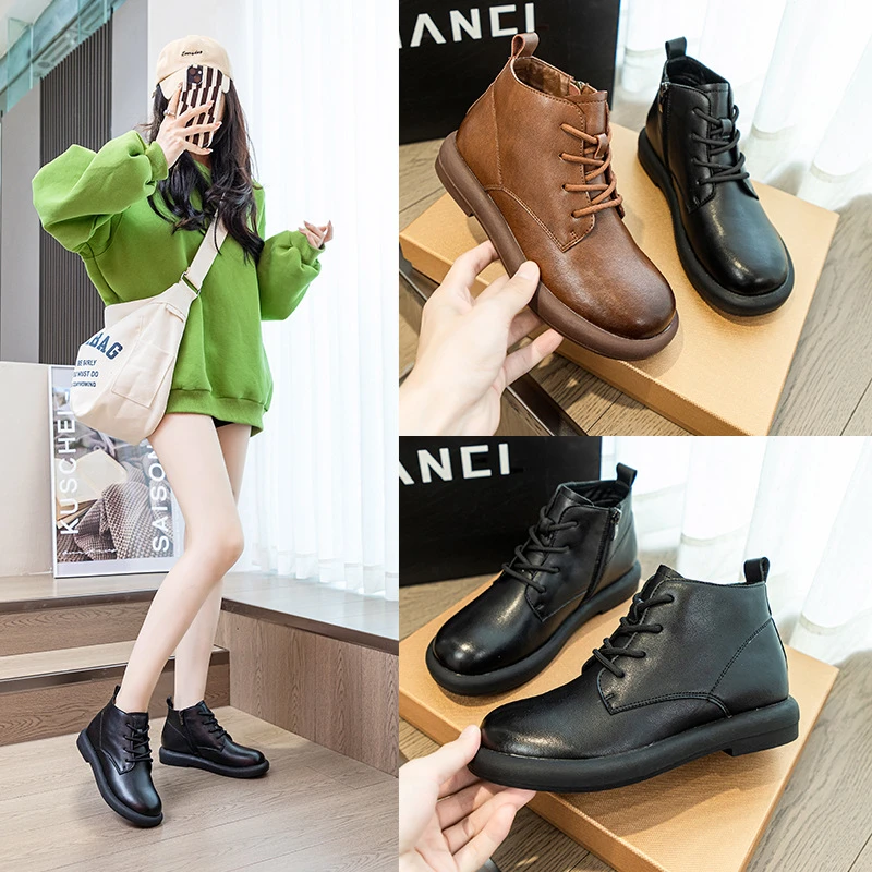 短靴女系带2023秋冬新款帅气英伦风圆头平底高帮系带单靴女鞋百搭