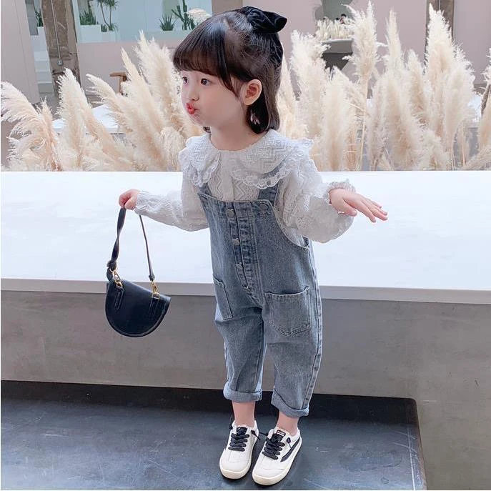 女童春季套装两件套2024新款韩版洋气网红儿童宝宝牛仔背带裤春秋