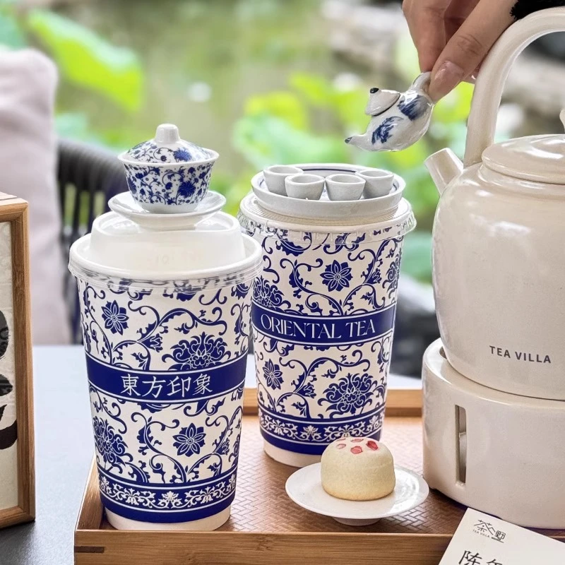 国风青花瓷奶茶杯一次性纸杯咖啡杯专用外带打包带盖商用热饮定制