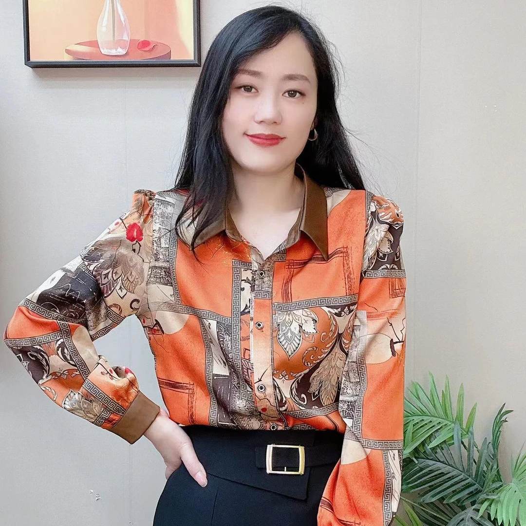 【多莉衣橱】春秋衬衫法式印花休闲上衣女百搭遮肚秋季打底大码长袖