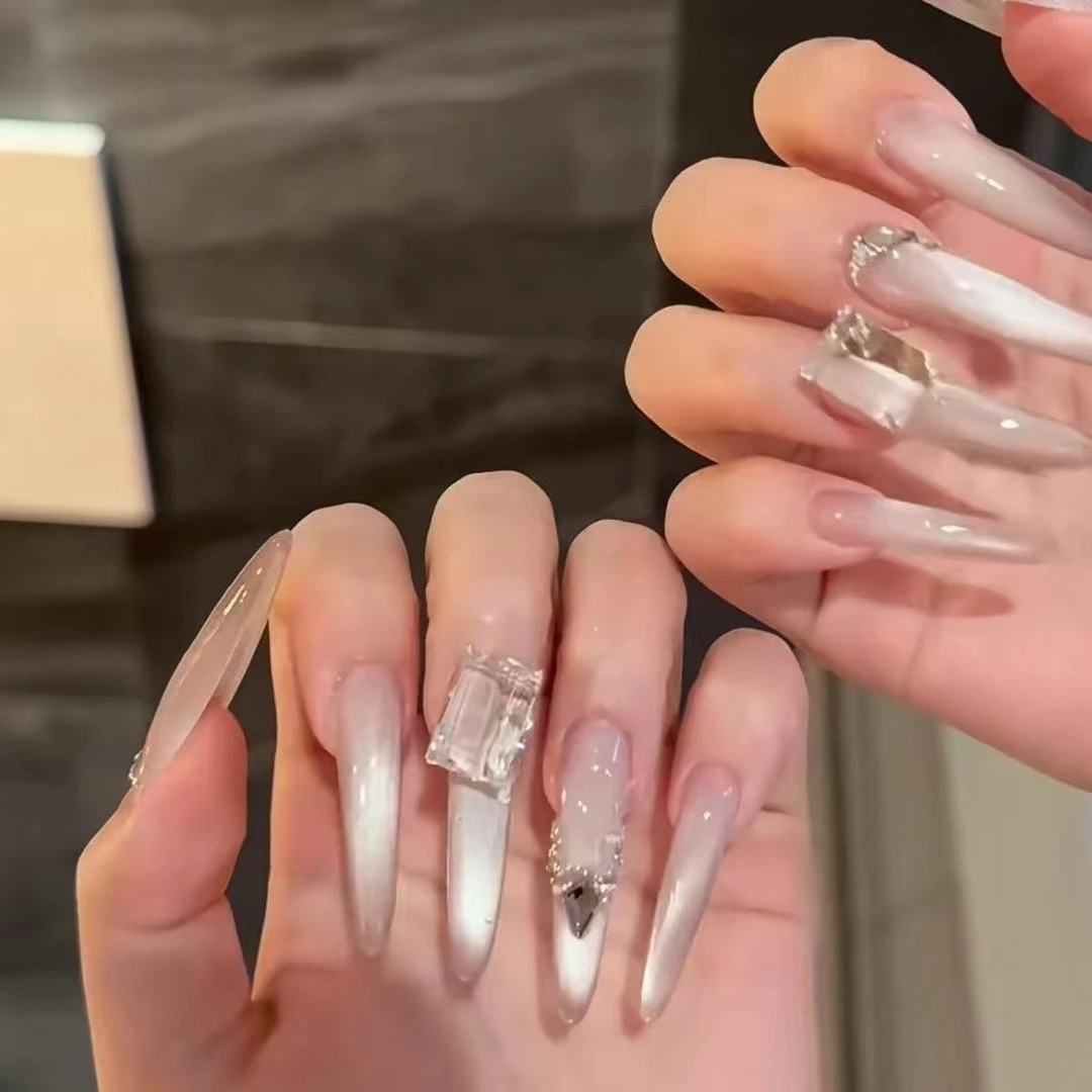 纯手工方糖猫眼仙气少女猫眼立体方钻气质御姐链条宝石美甲秋冬款