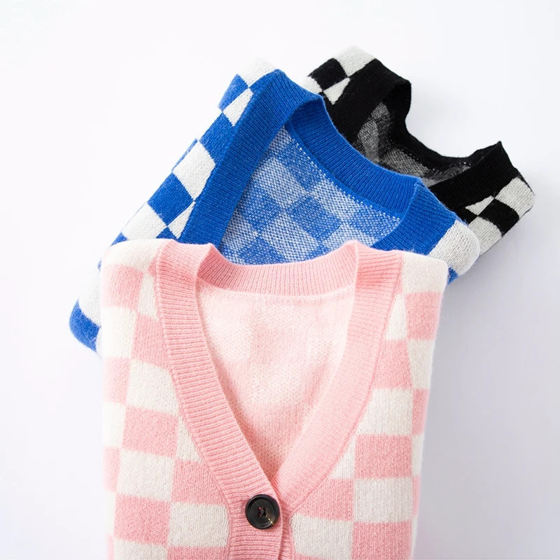 T07秋冬童装纯羊毛开衫男女童加厚棋牌格羊绒针织衫毛衣保暖外套