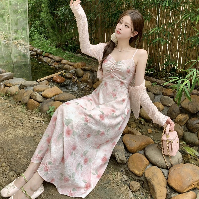 2024新款甜美淑女晕染花朵吊带裙连衣裙女夏收腰显瘦甜美减龄长裙