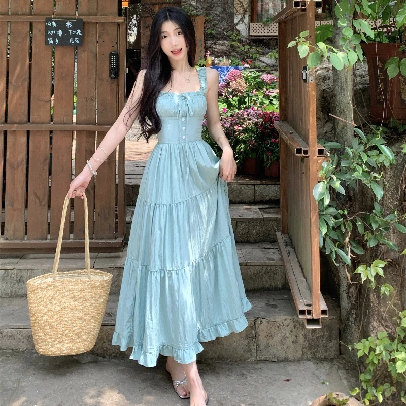 学院风甜美薄荷绿吊带连衣裙女夏2024新款小清新初恋收腰显瘦长裙