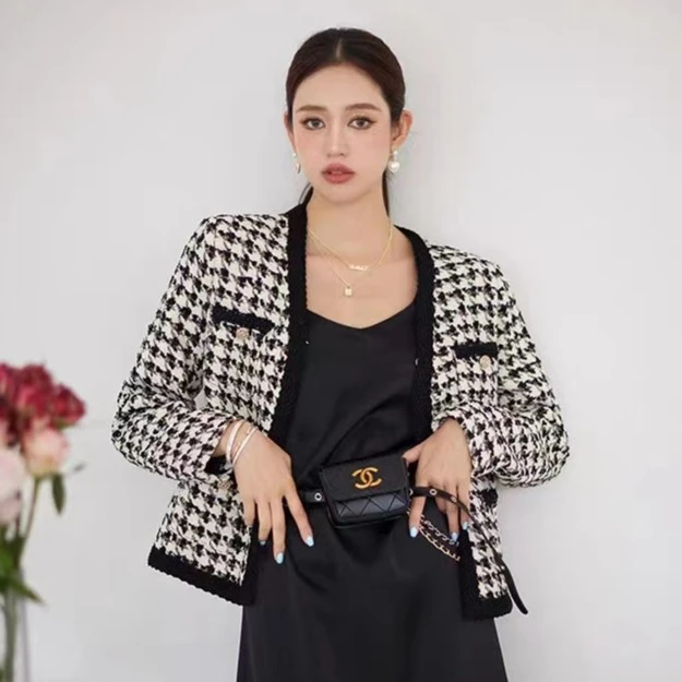 【拉夏贝尔】2023秋季时尚小香风千鸟格法式粗花呢休闲百搭时尚外套