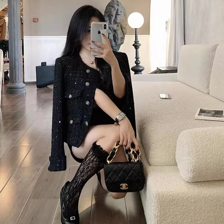 【拉夏贝尔】2023秋气质英伦小个子小香风黑色粗花呢复古女装短外套