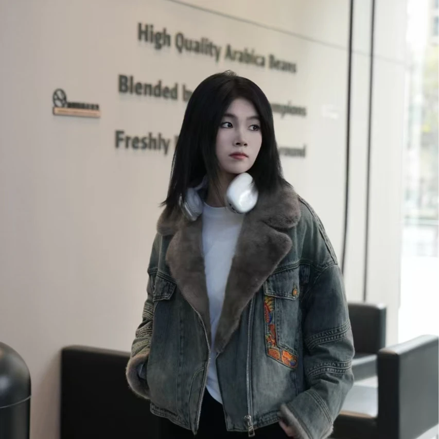 SanYeLan2024秋冬季水貂领牛仔羽绒服753