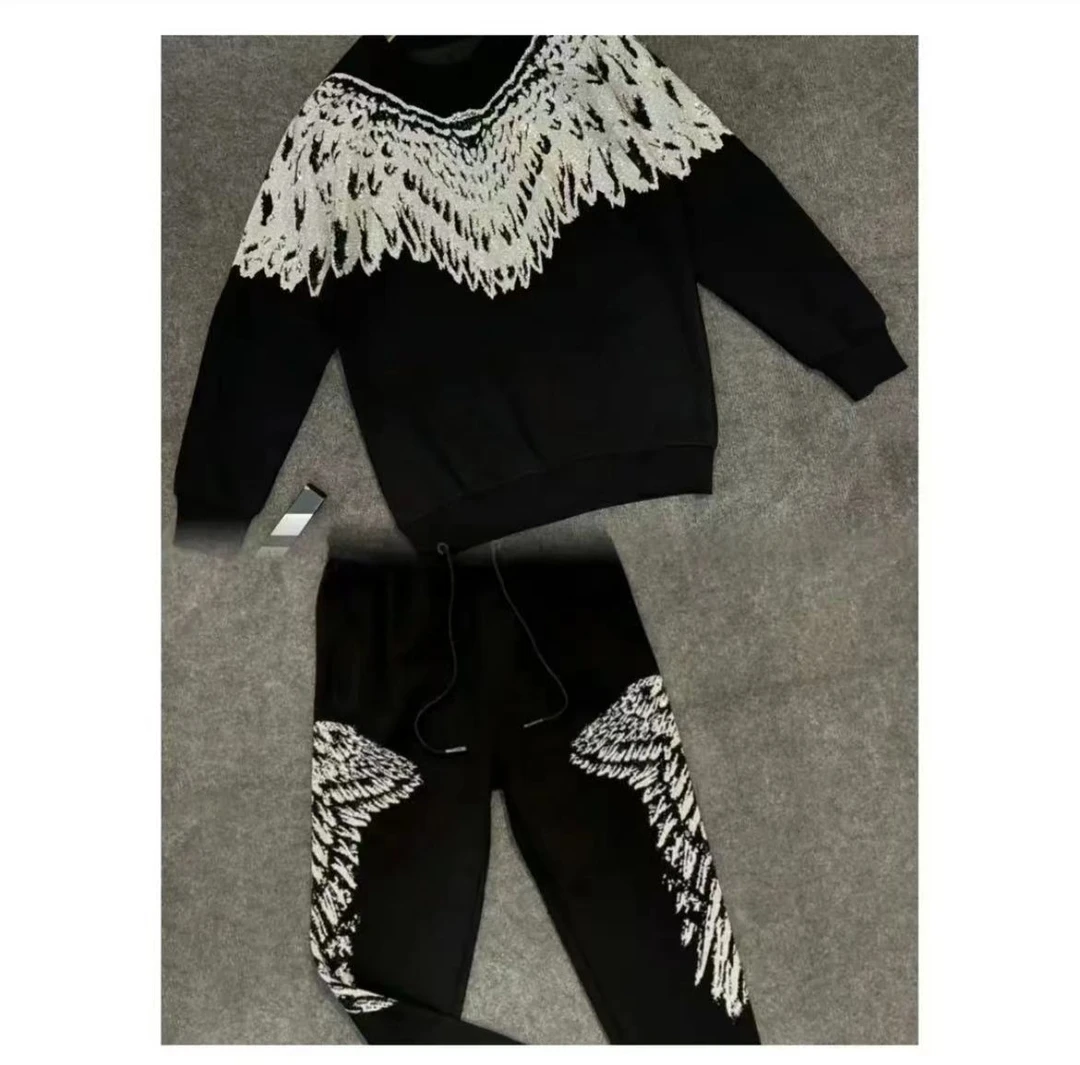 11589-11636-11551新款潮牌烫钻满钻短袖T恤前后大翅膀套装