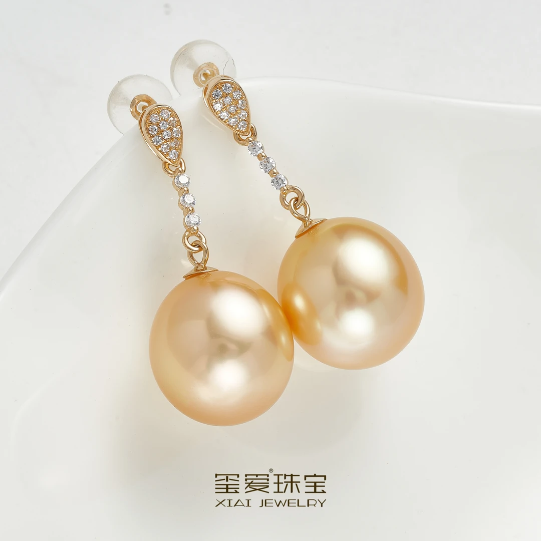 【紫绫定制ZL-33016】18K金时尚百搭海水金珠耳环11-11.5mm（香槟金）