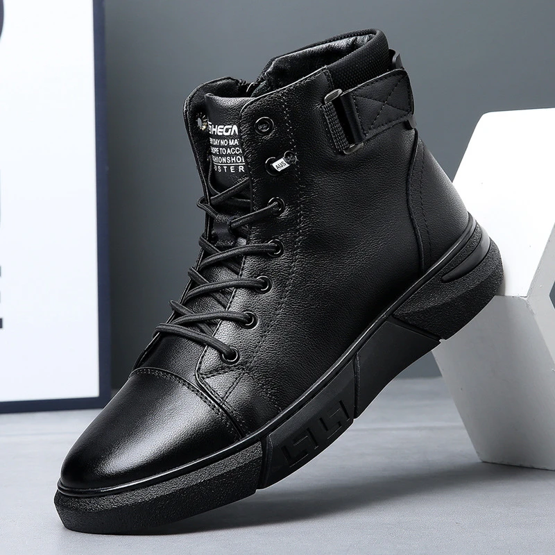 【头层牛皮】高帮男士皮靴秋冬保暖绅士棉鞋黑色皮鞋加绒休闲靴新款
