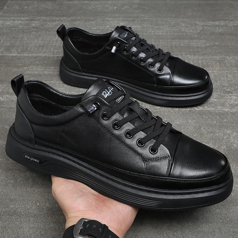【头层牛皮】男士板鞋真皮一脚蹬透气时尚休闲鞋软底鞋百搭潮鞋黑色