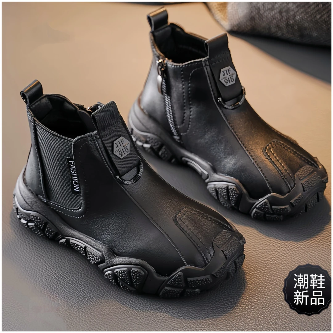 儿童马丁靴6-12岁短靴真皮洋气潮款加绒软底皮靴鞋子黑色男童靴子