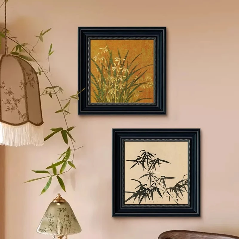 中古风挂画法式玄关装饰画正对门高级感复古竹子餐厅客厅美式壁画