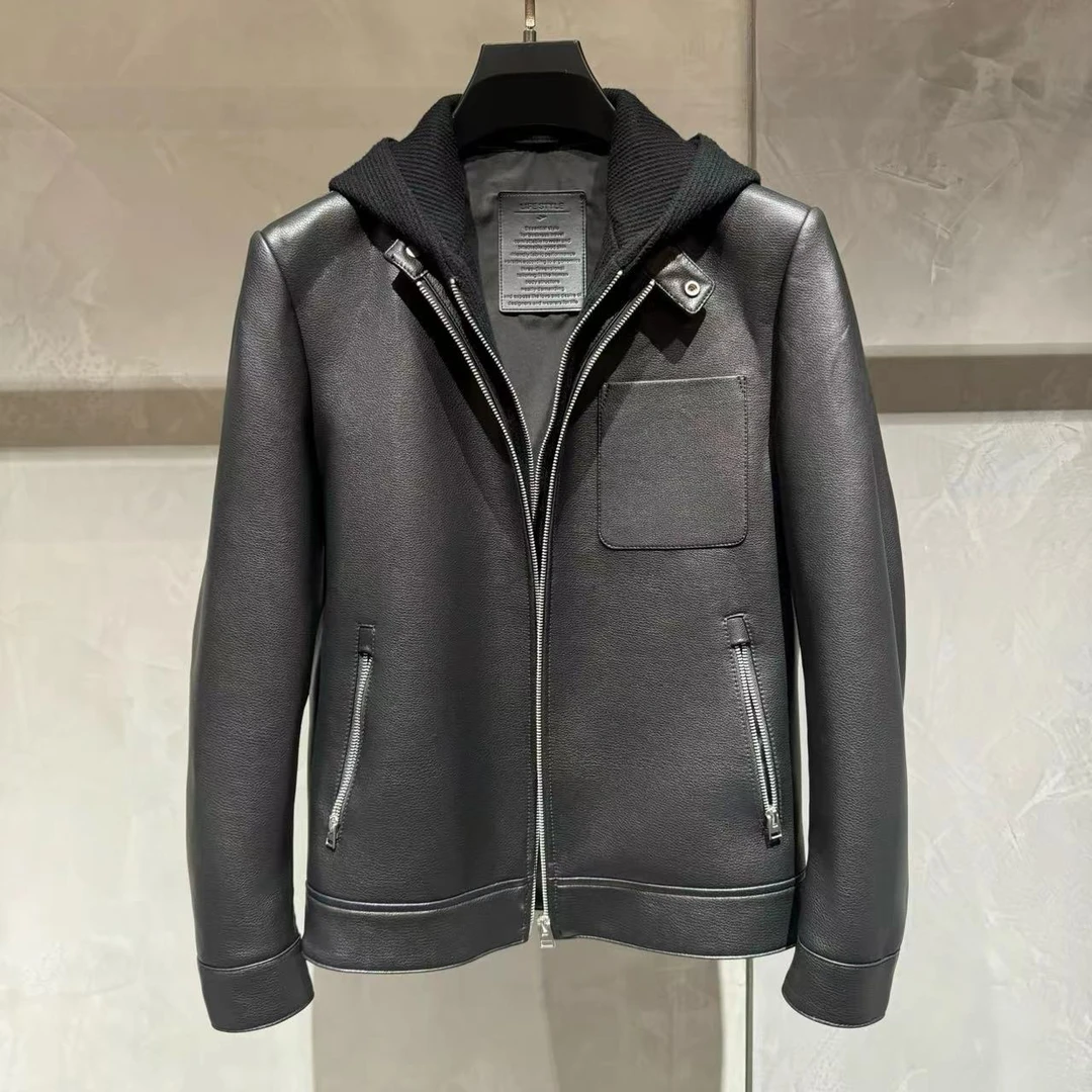 【梵希FanCy】春秋假两件连帽山羊皮真皮男士黑色立领（23022）