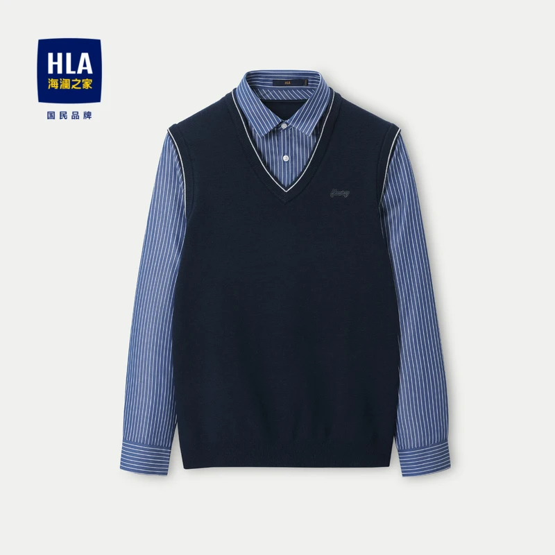 HLA/海澜之家男士双领长袖针织衫修身纯色时尚舒适休闲毛衣