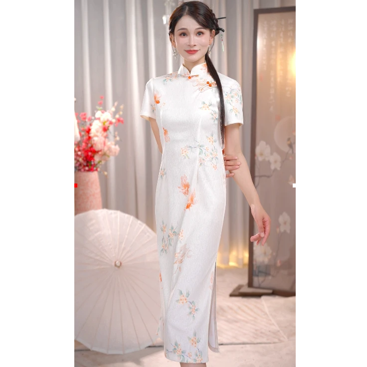 缇花影【锦鲤折桂】新中式夏款短袖遮肉修身旗袍中长款小子个气质