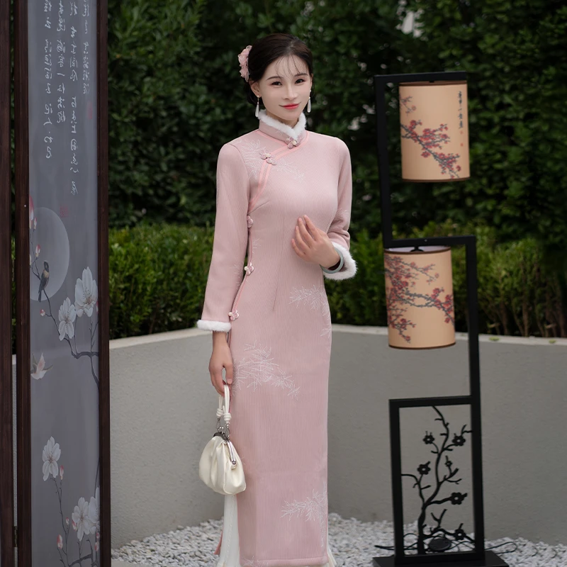 缇花影【桃夭】冬季新款加厚加毛侧八扣国风复古立领开衩旗袍396